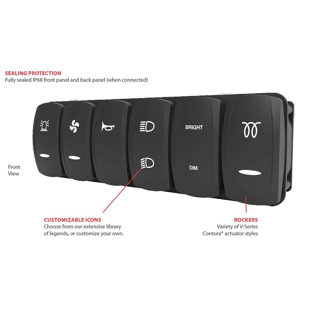 Carling VM6-Serie - CAN-Switches(Contura XIV) 6er Switch- 2 LED (white-Backlight/green-Function light) - 3 Position: Momentary/Top/Bottom