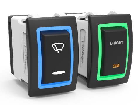 [HR11D1A51BW1-11-MTSA1] xxx Carling switch HR series - ON-NONE-OFF - Ring illumination blue - Illumination rocker white - Symbol 1 ‘Rotating beacon’ - Symbol 2 ‘OFF’