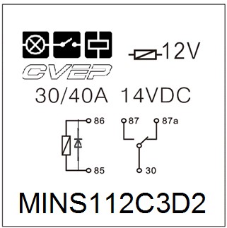 [MINS112C3D2] Mini relay 12V - change-over contact - 30A/40A - diode - with metal bracket - sealed 